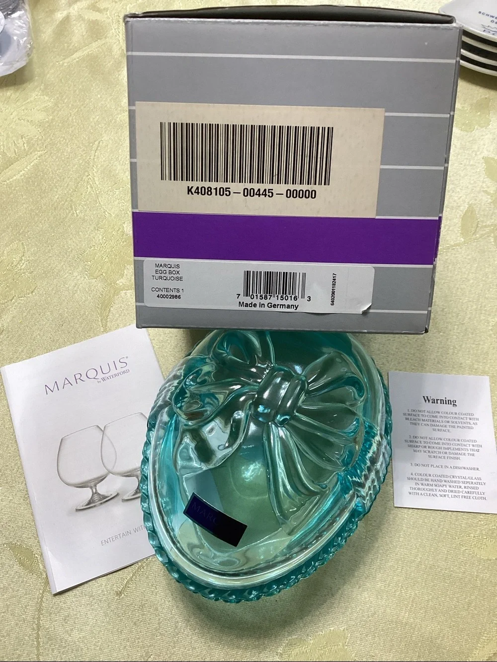 Marquise by Waterford Turquoise Glass Trinket Box with Bow Motif